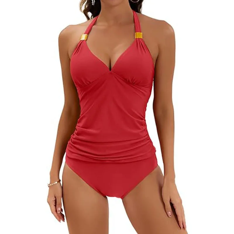 2024 New Women Halter Neck Strap Bikini Bikini Solid Color Split Two piece bikini