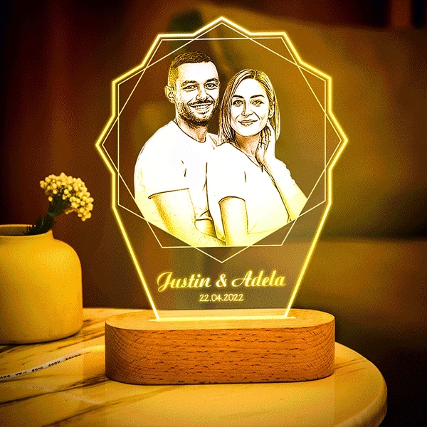 Custom Photo Double Hexagon Change 7 Color Lamp Personalized Acrylic Carving Plaque Coloured Led Acrylic Night Light Wooden Base