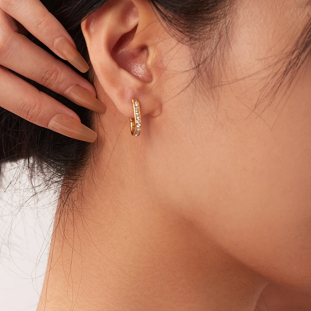 Dainty PVD Gold Plated Tiny Zircon Inlaid Stud Earrings Stainless Steel Opening Crown Flower Shape Earrings