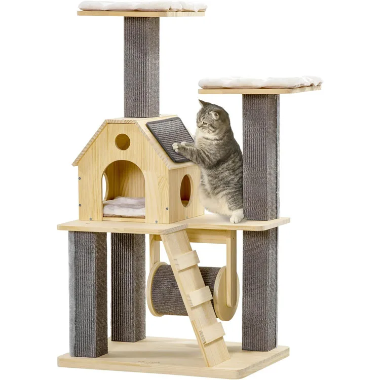 Indoor Comfort Luxury Cat Tree Modern Wooden Cat Apartment With Pillows