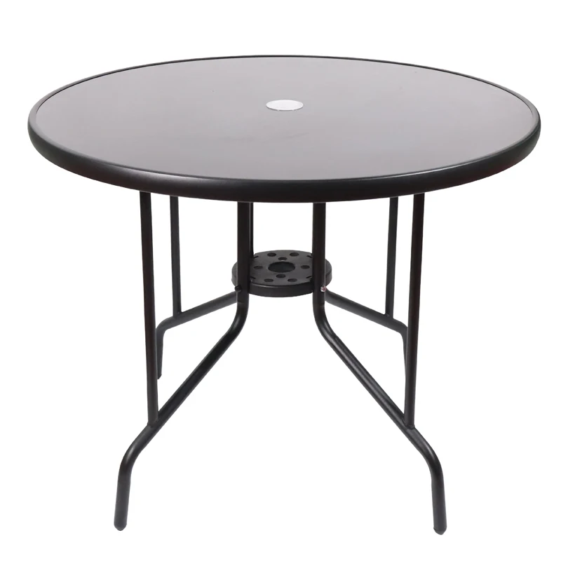Leisure Garden Tempered Glass Outdoor Round Table Steel Frame Patio Table with Umbrella Hole