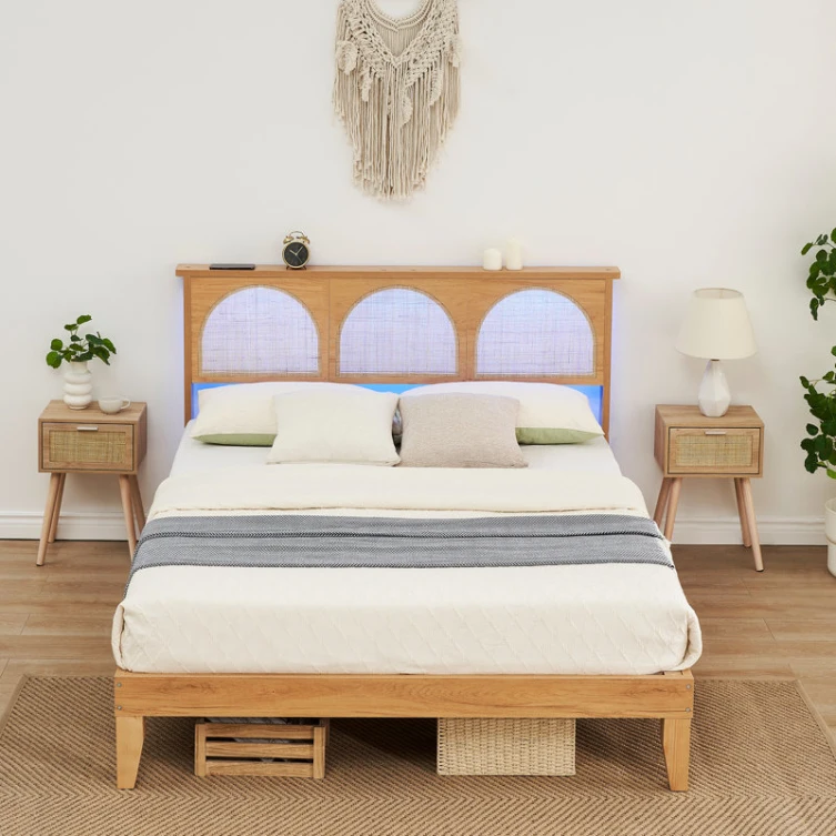 24 Years Factory Direct Bohemian Rattan Bed Frame  with Natural Rattan Headboard and  LED Lights