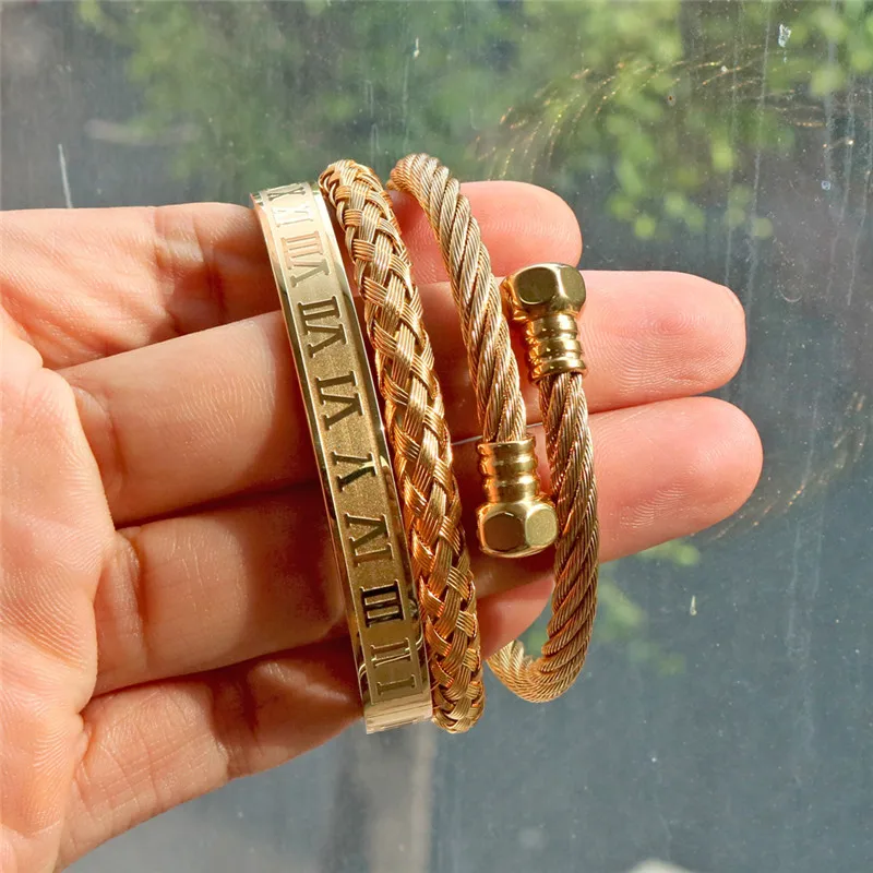 Stainless Steel Roman Numerals Cuff Bangles Set Adjustable Twist Bracelet Screw Nut Rome Gold Plating Titanium Steel Men Jewelry