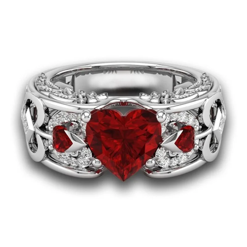 MuXi Fashion creative ring European and American princess heart-shaped ruby ring jewelry ladies ring