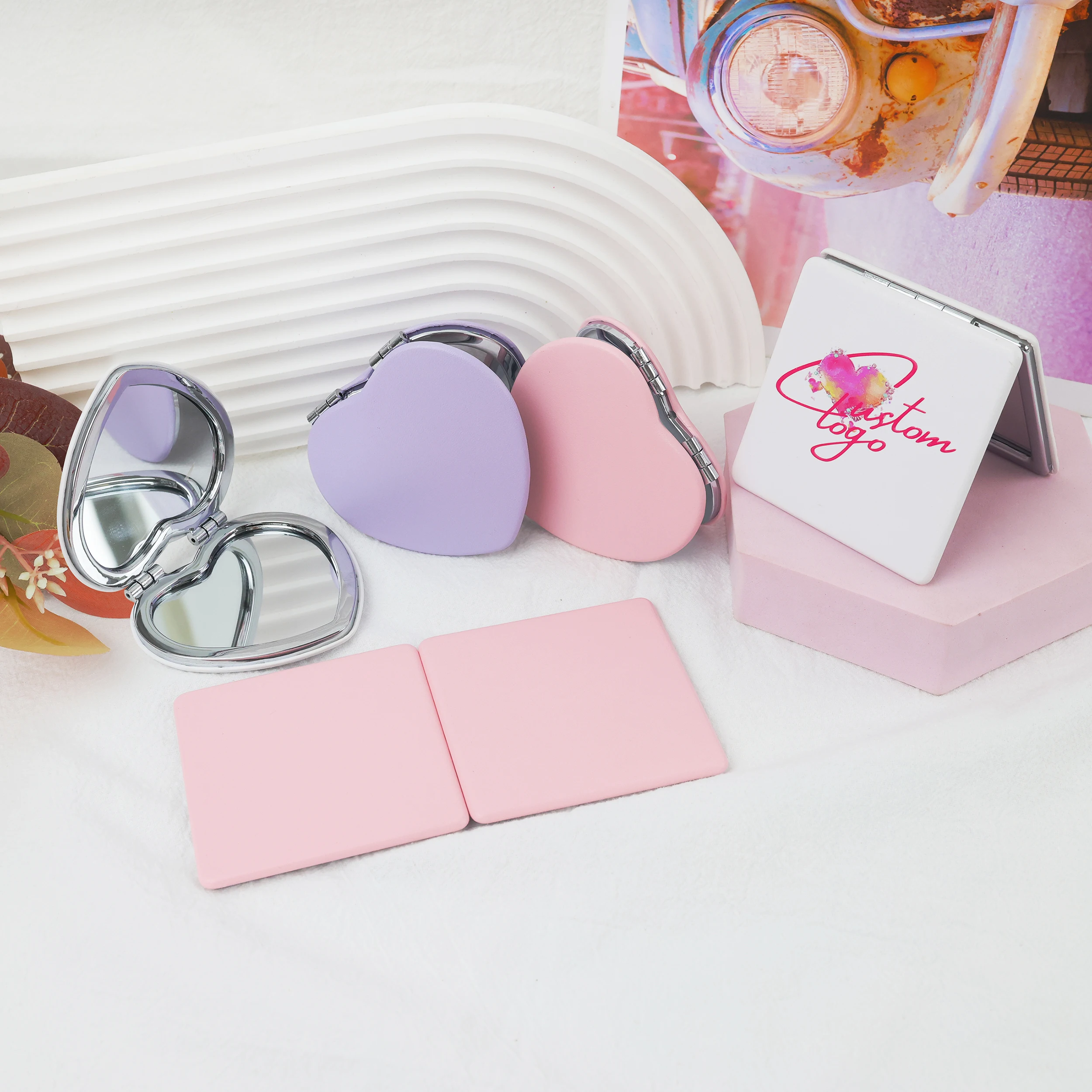 Pink personality double-sided PU mirror round pocket mirror round mini mirror girls makeup