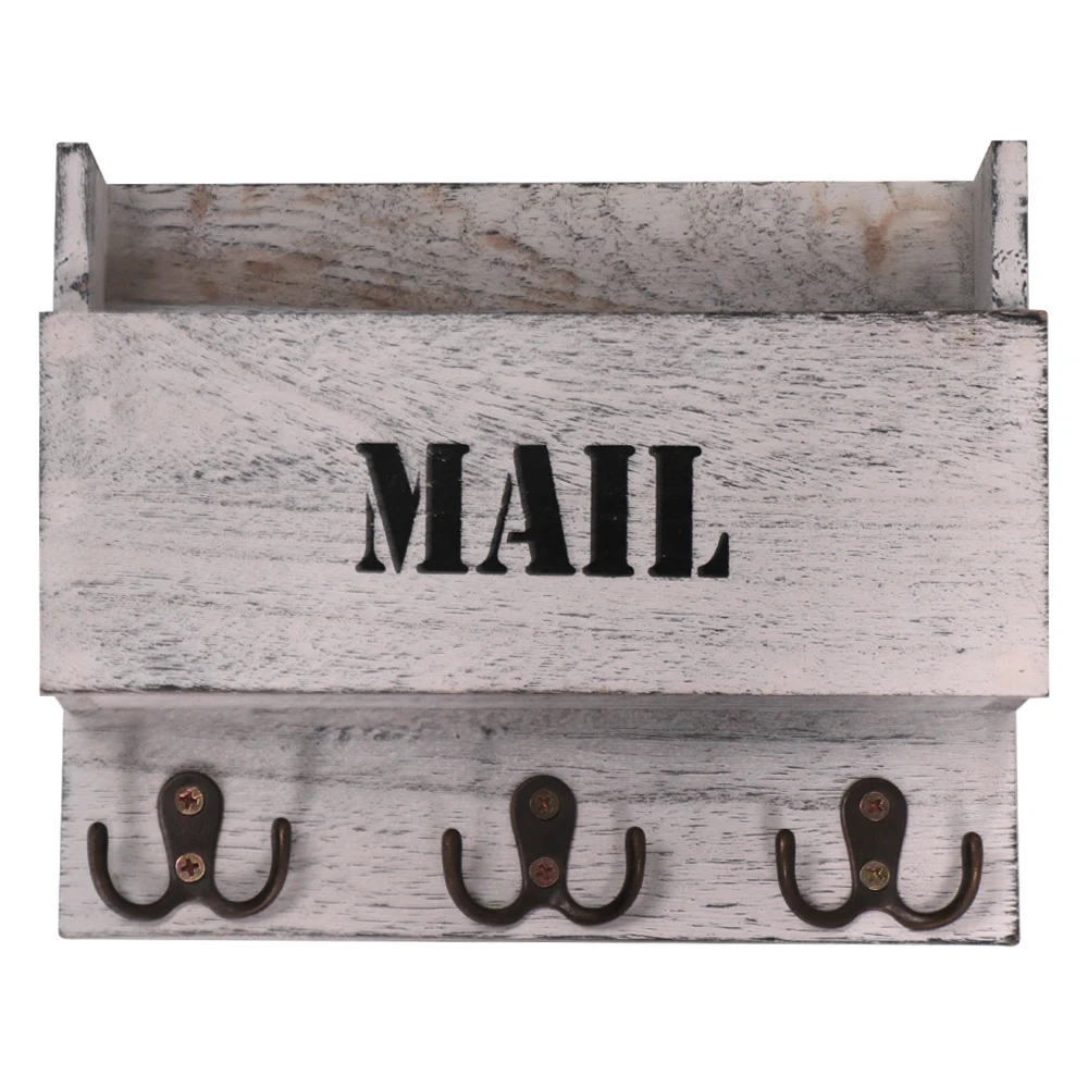 High End Wooden Rustic Wall Key Holder Storage Basket Entryway Mail Holder With Key Hooks