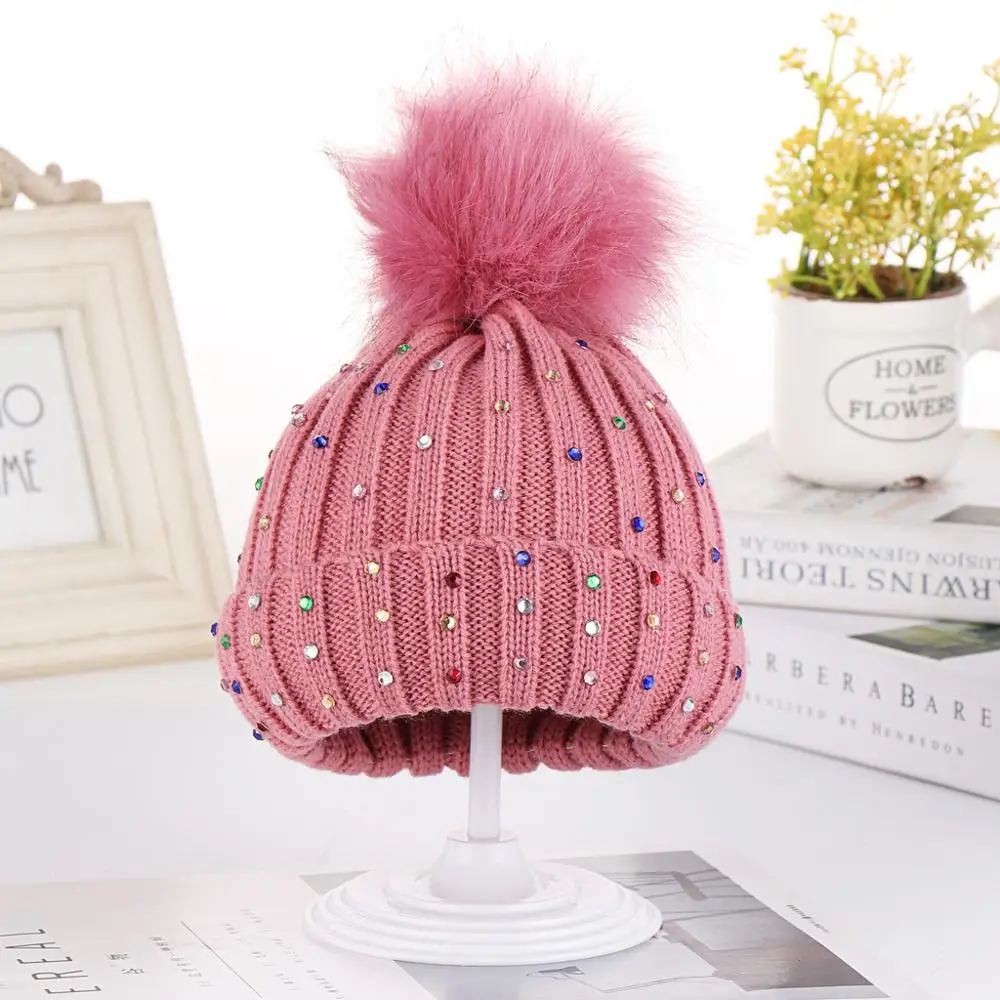 Europe autumn and winter color diamond wool knit children hat earmuffs cap wholesale cute warm color rhinestone kids knit hats