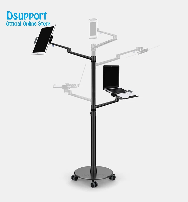 360 Rotation Aluminum Alloy 3 in 1 Mobile+Tablet PC Holder + Laptop Stand Holder Dual Arm Office floor stand Lapdesk Bracket