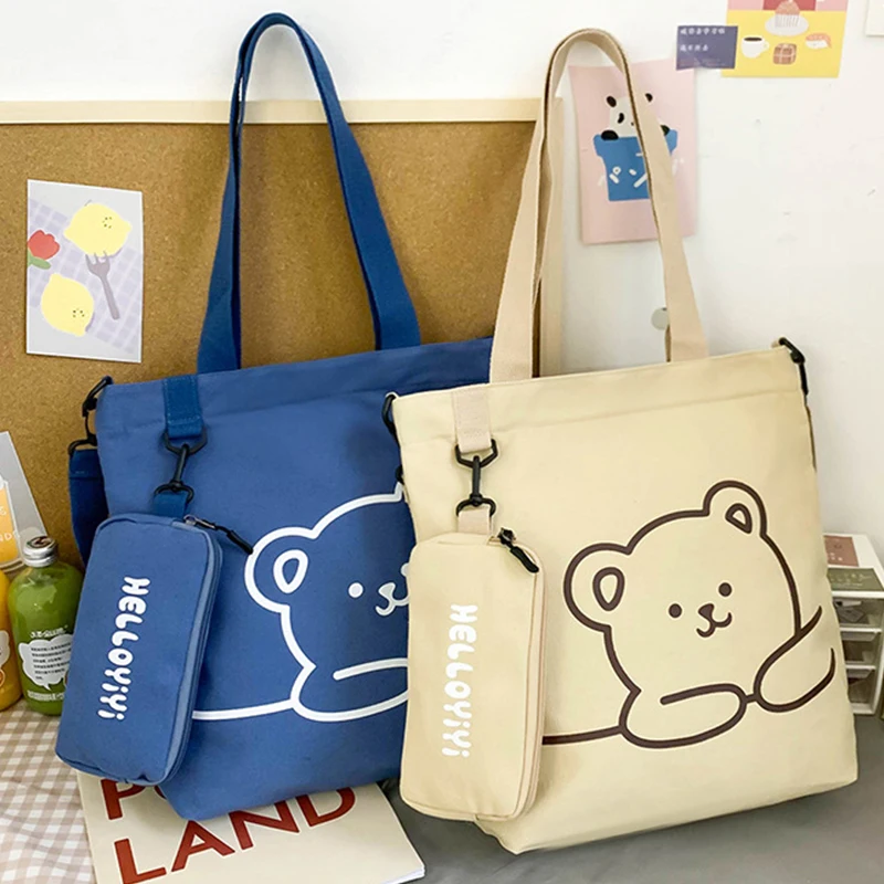 New Style School Book Canvas Cotton Shoulder Bag Cute Bear Student Canvas Tote Bags for Girls College with Small Zipper Pouch