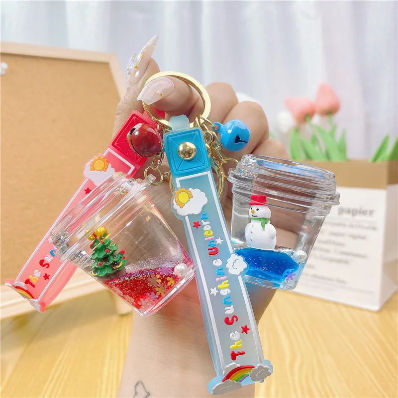 Creative Xmas Gift Quicksand Drift Bottle Car Keyring Cartoon Liquid Sock Snowman Santa Claus Christmas Tree Keychain