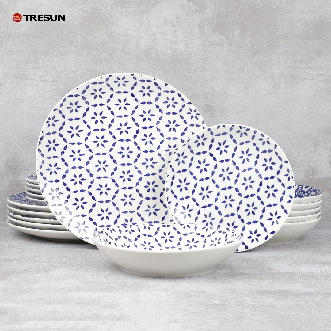 kitchen complete 18 pieces color box packing blue pad printing full design porcelain tableware ceramic dinnerware set for home