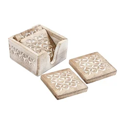 Custom hand made mango wood carefully designed set of 4 wood coasters holder