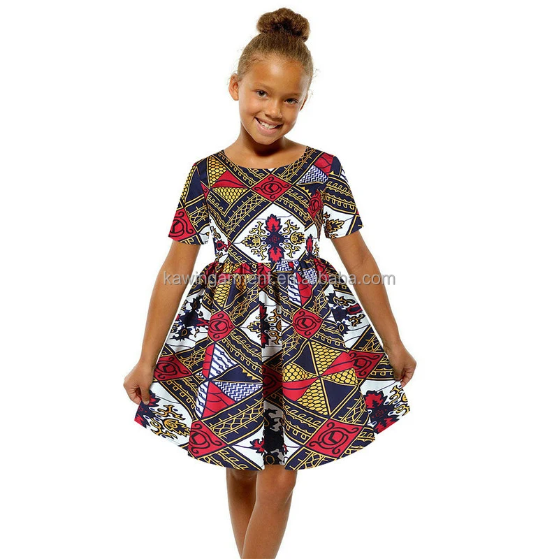 Fashion digital printing short sleeve O-neck african wax dresses ankara lady princess dress