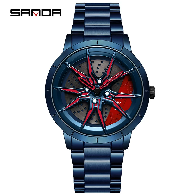 SANDA 1089 Car Wheel Watch Men Quartz Creative Rim Hub Wheel Wristwatch Relogio Masculine Rotating Dial Sport Clock Waterproof