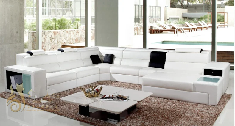 Luxury Design U Shaped Genuine Leather Wooden Modern Sofa Set With Headrest Waist-Rest