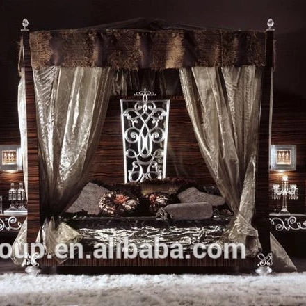 BL21601A-European Italian style hand carved wooden canopy bed with upholstery