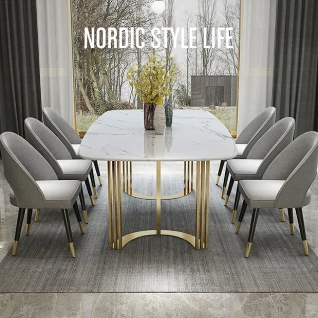 Треугольный Ресторан длинный стол из золотистой стали 6 мест современный роскошный мраморный обеденный со стульями