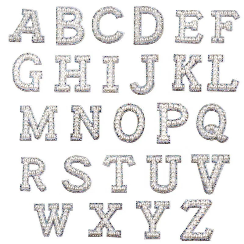 Custom Pearl Alphabet Iron On Embroidered Crystal Rhinestone Beaded Patches Motifs Applique Sequin Bead Letter Patch For Fashion