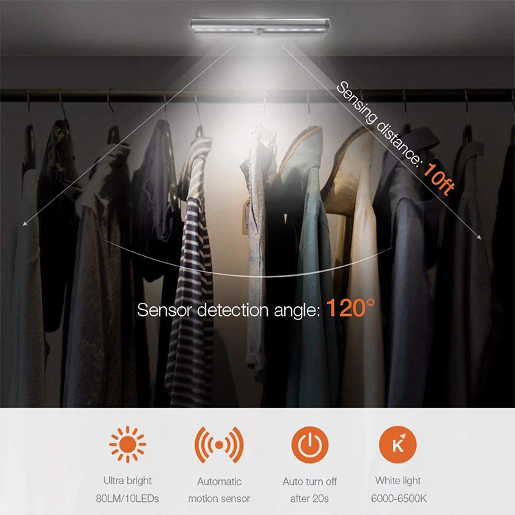 Aluminum Alloy 10 LED Motion Sensor LED Closet Light