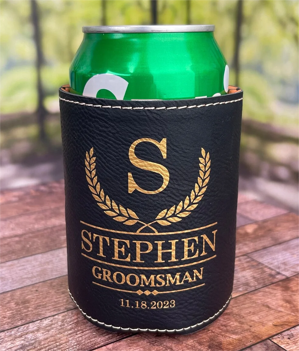 Custom logo  Luxurious  PU Leather Can,beer  cooler Holder for Groomsmen Gift