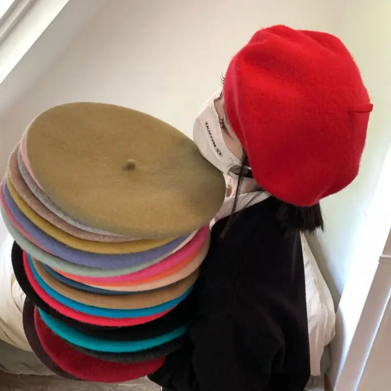 STS High Quality Thick Wholesale Angora Church Ladies 100% Wool Winter Elastic Custom Logo Embroidery Girl Hat Beret for Women