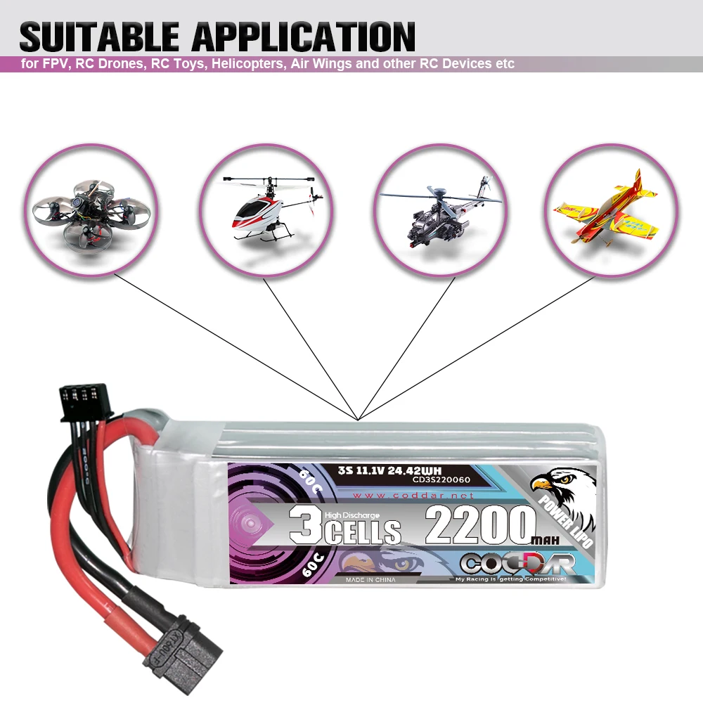 CODDAR RC LiPo Battery 3S 2200MAH 11.1V 60C XT60 FPV Drone Quads Helicopter Air Wing  AeroPlane QuadCopter MultiCopter RC Boat