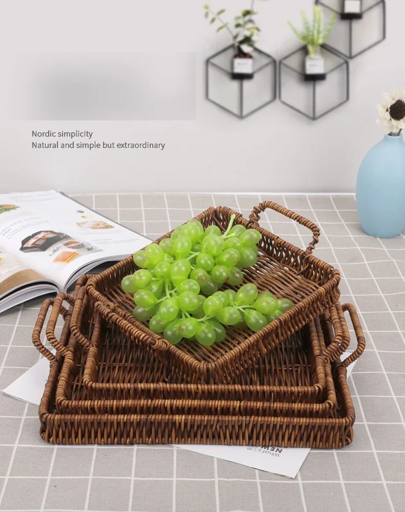 
Square Double Ear Handle Rattan Basket Fruit Household Living Room Snack Storage Basket 