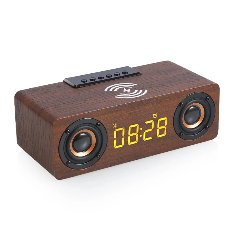 portable wooden wireless speaker K1 support TF card play quickly fast wireless charger led panel showing alarm clock FM AUX