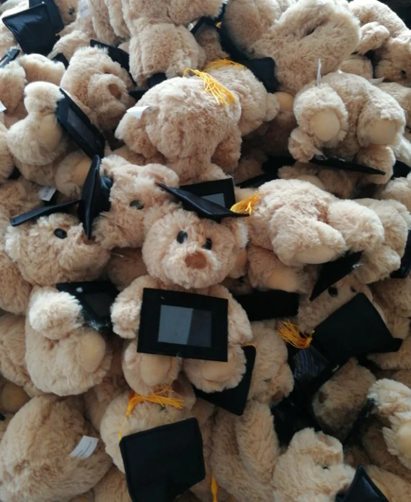 OEM design own stuffed plush toys graduation bear  Graduation Bear Stuffed Toy Animal Black Hats Shirt Holds Book