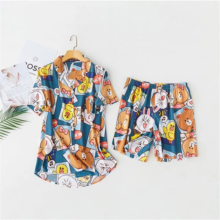 
Cute Animals Cartoon Print Silk Sleepwear Pajamas Set for Women 