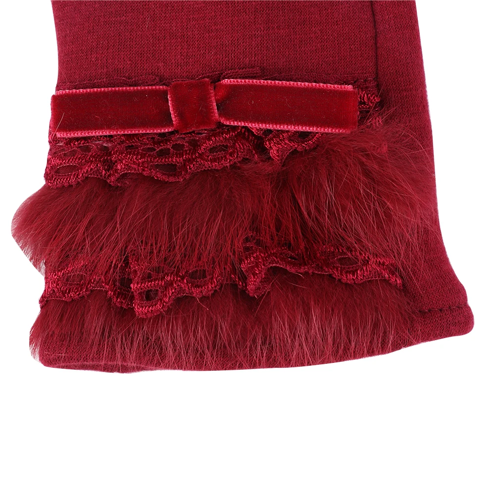 Женские перчатки из полиэстера, спандекса, Коралловая подкладка, полоски из кроличьей шерсти, декоративные перчатки из проводящей пряжи для сенсорного экрана