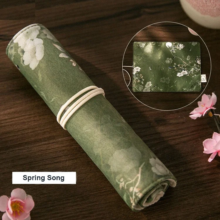 Chinese vintage painting style pencil roll wrap holder high quality pen pouch case