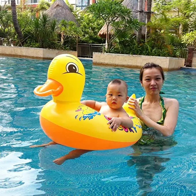 instock customized Baby yellow duck inflatable sitting swimming ring with handle for kids