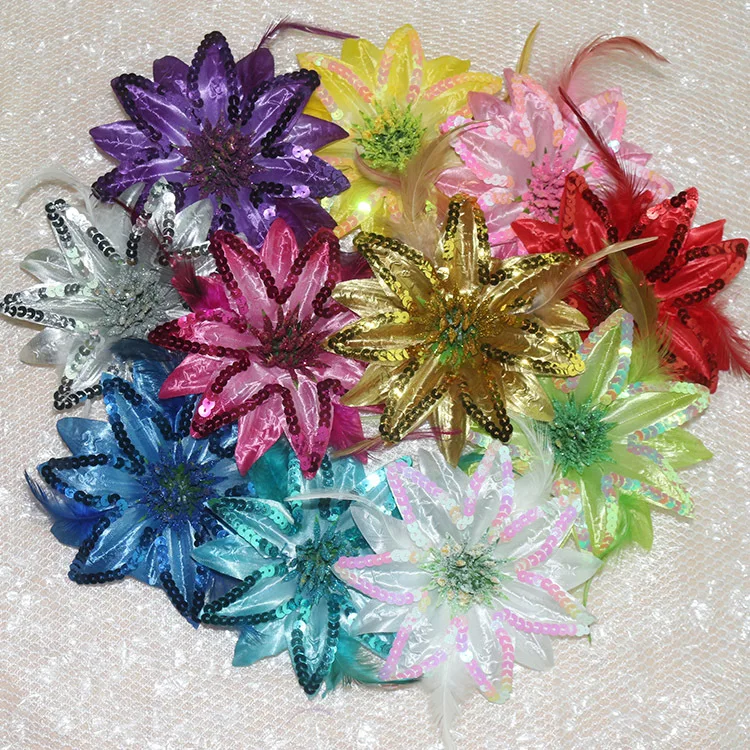 Event Wrist flower wedding party decor beauty sequin flower hair clip with feather