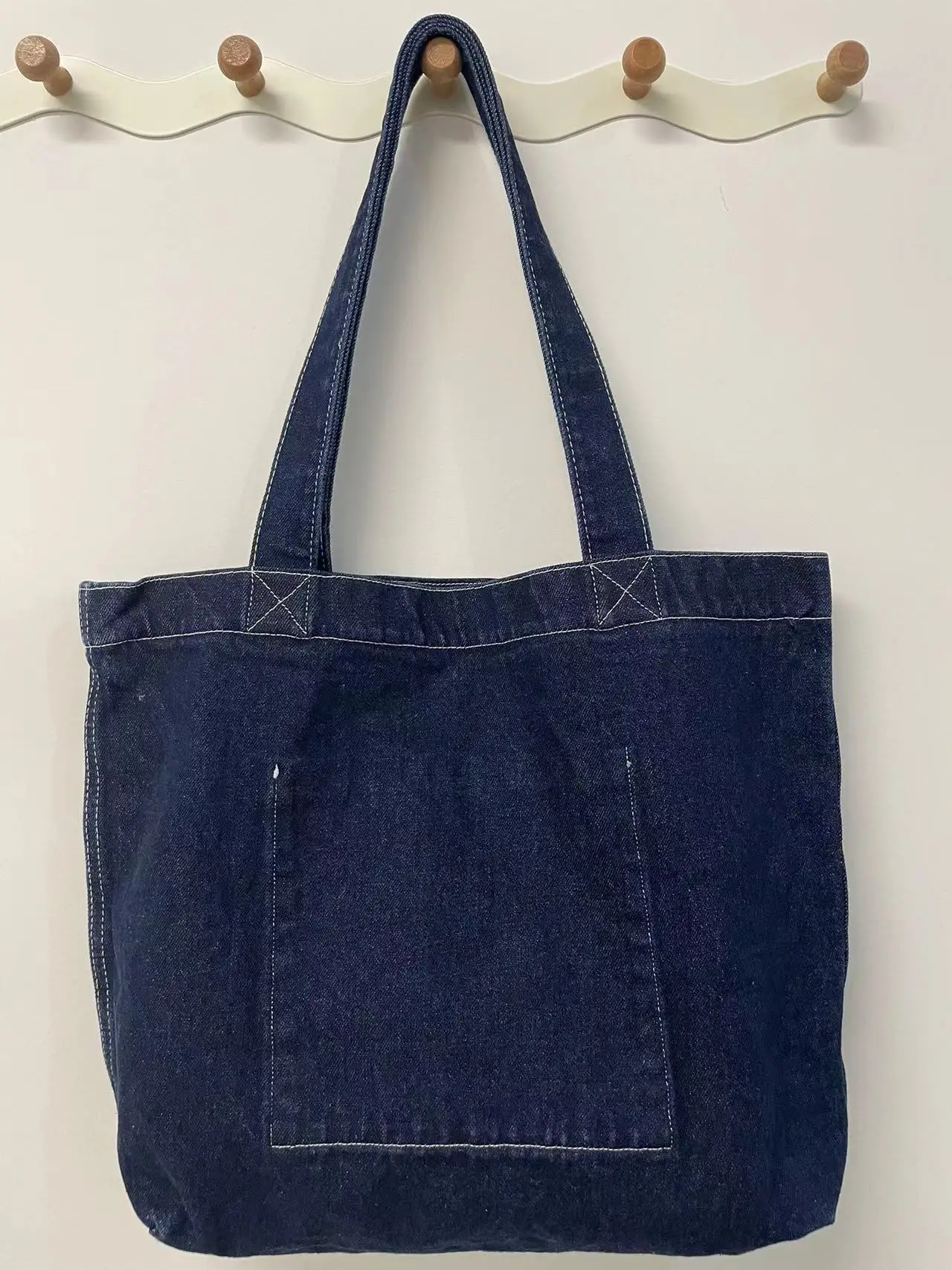 Custom Logo Embroidery Vintage Denim Canvas Bag Oversized Large Capacity Tote Bag Denim Grocery Bag with zipper inside pocket