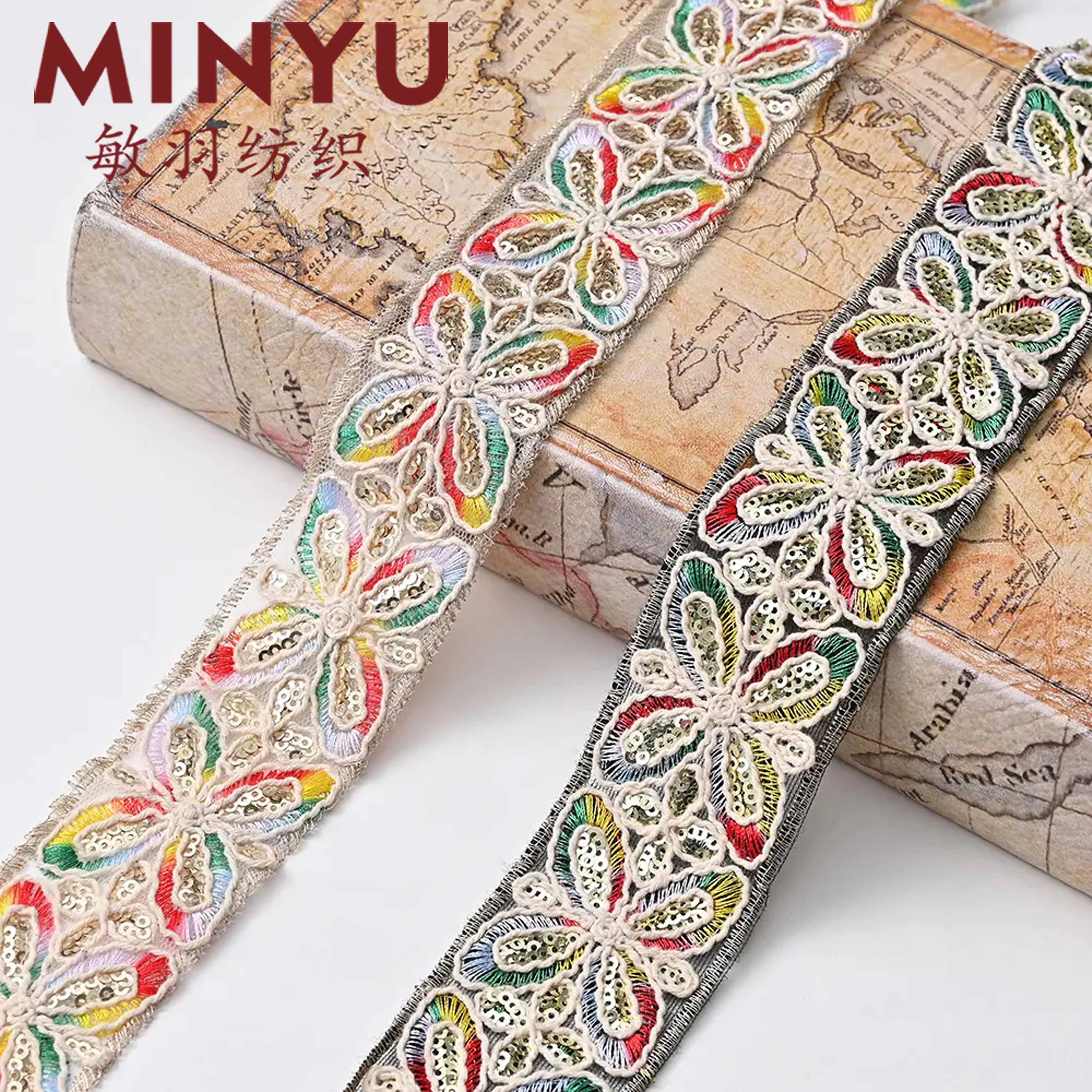White Black Butterfly Embroidered Polyester Floral Ethnic Lace Decoration Rainbow Color Sew On Lace Trim For Home Decor