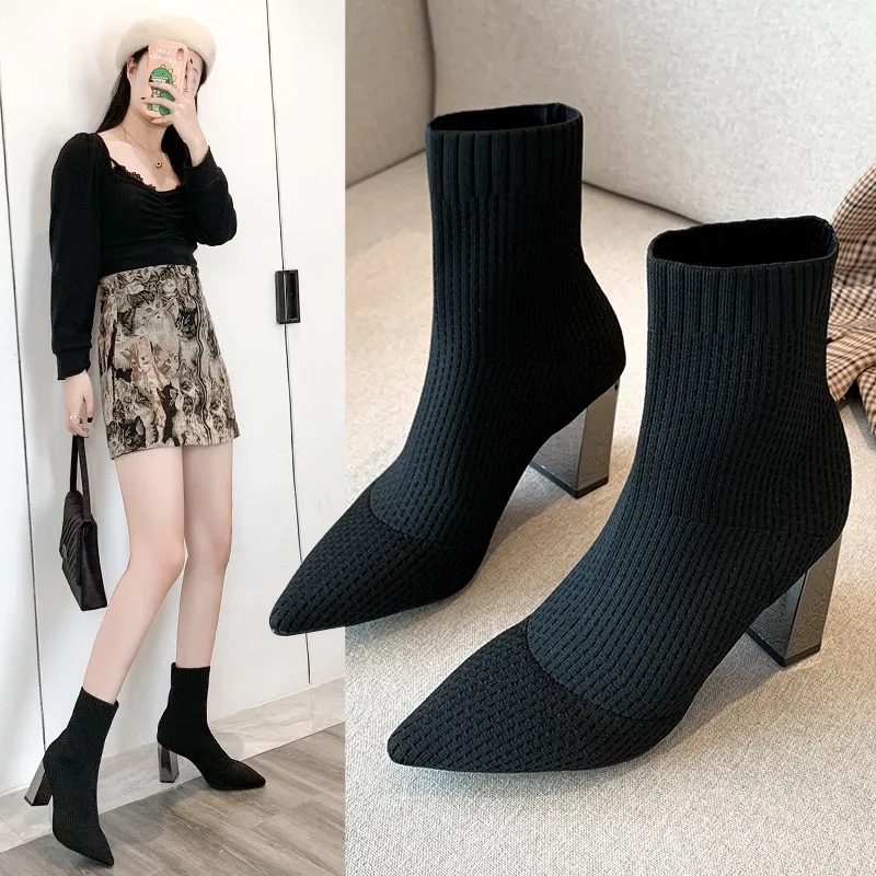New Fashion Female Women Dress Shoes Elastic Winter Knitting Princess Comfortable High Heel Sock Boots
