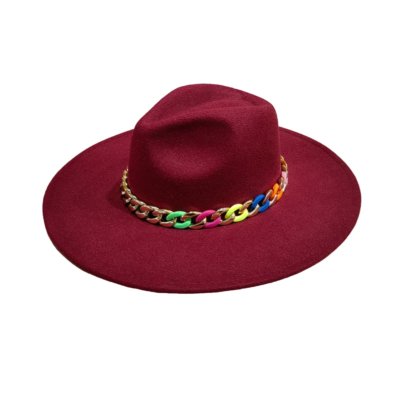 Two Tone 9.5cm Wide Brim Felt  Fedora hats Wholesale High Quality Panama Hat with Multi Color Chain Buckle Decor Jazz Cap Hats