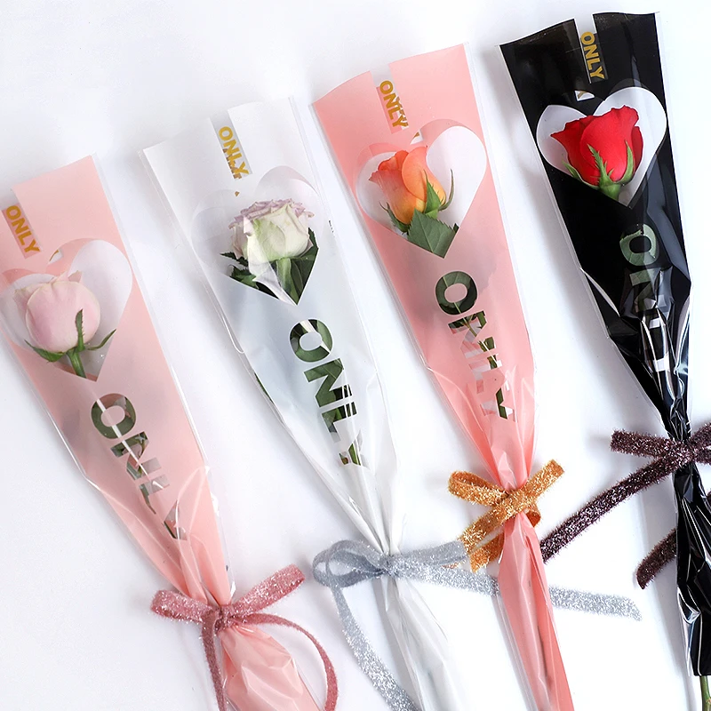  Single Bag Bouquet Flower Shop Clear Sweet Love Heart Packaging Rose