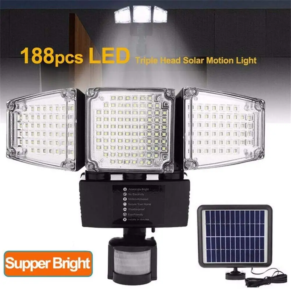3 Head Adjustable Motion Sensor 1000LM 188LED Solar Light With Separated Solar Panel