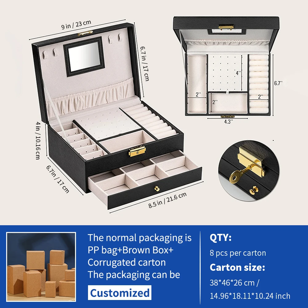 Custom fashion multi-functional jewelry box Multi-layer design large capacity leather storage jewelry, necklace storage