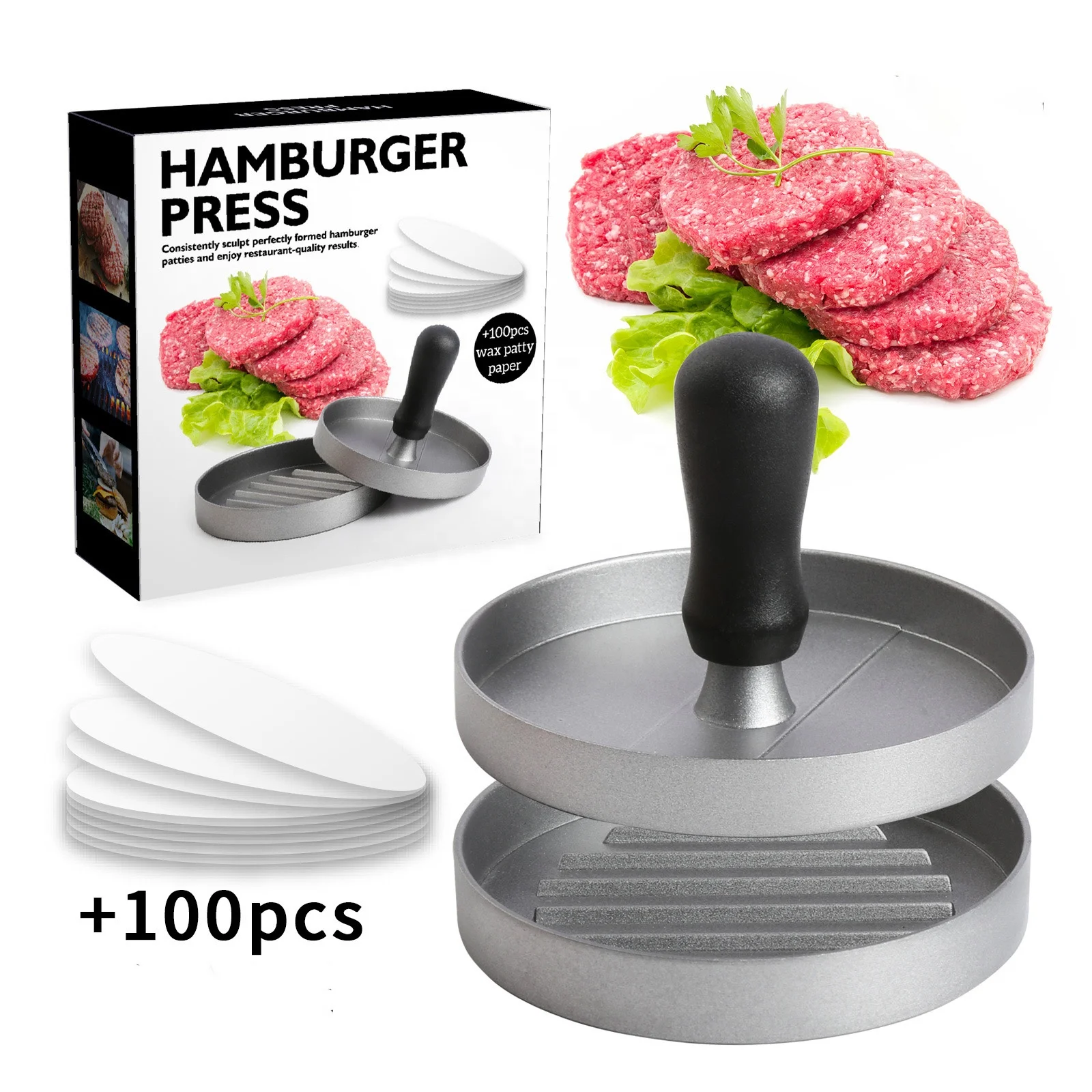 Hot Sale Aluminum Alloy Hamburger Patty Maker Kitchen Manual Non-stick Burger Press Round Shape Hamburger Meat Press With handle