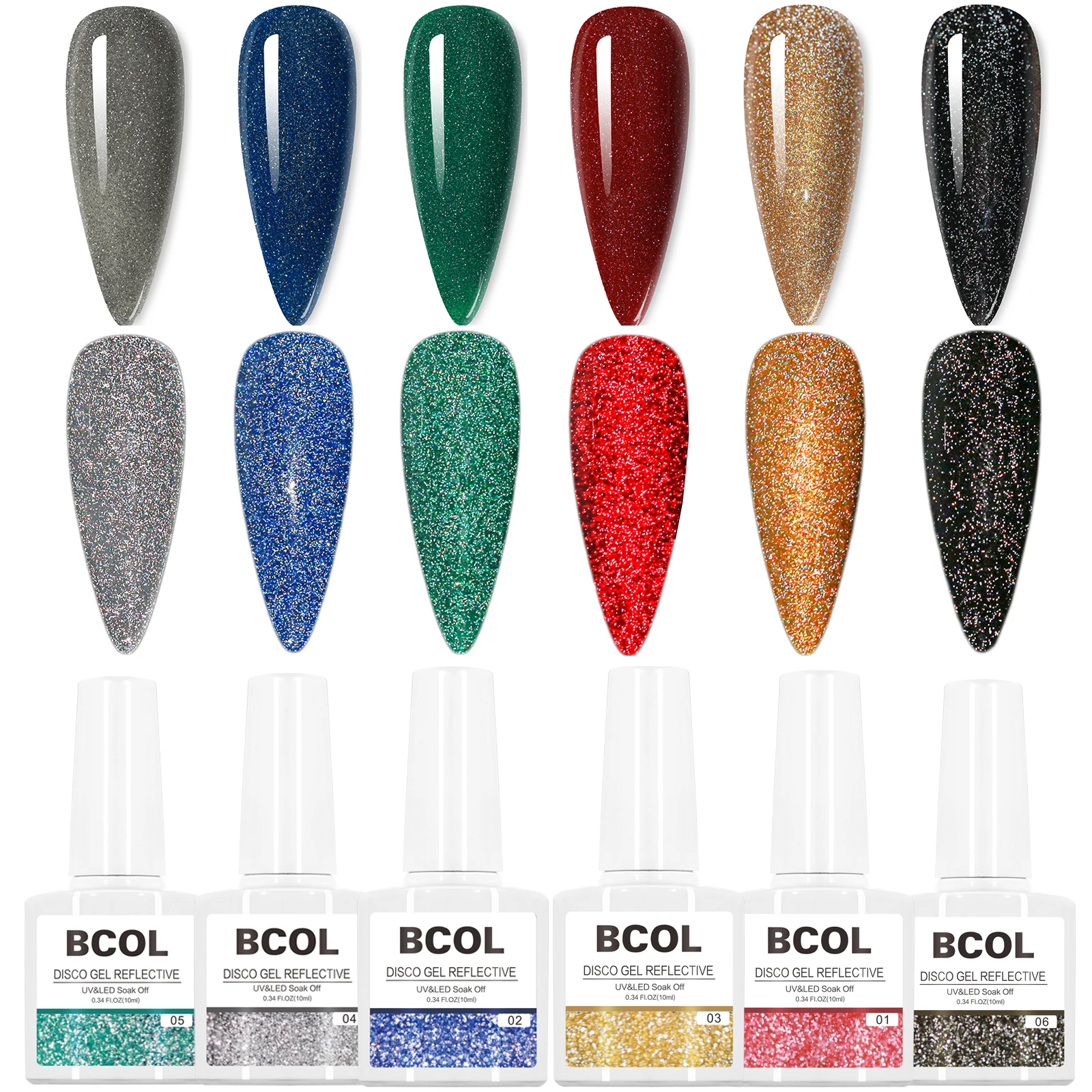 BCOL DISCO Reflective Semi Permanent Gel Nail Art Polish Starter Kit Soak Off UV LED Custom Private Label 6Color Cruelty Free