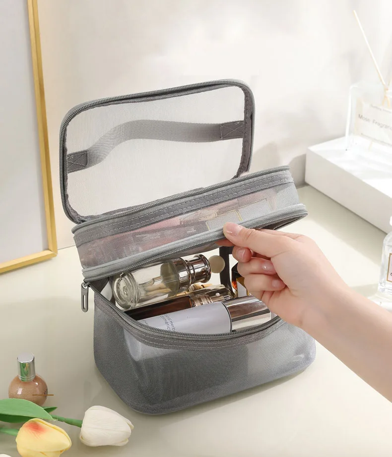 Wholesale Two Layer Grey Mesh Cosmetic Bags Toiletries Makeup Pouches Recycling Mesh Zipper Bag Nylon Mesh Bag Travel Pouch