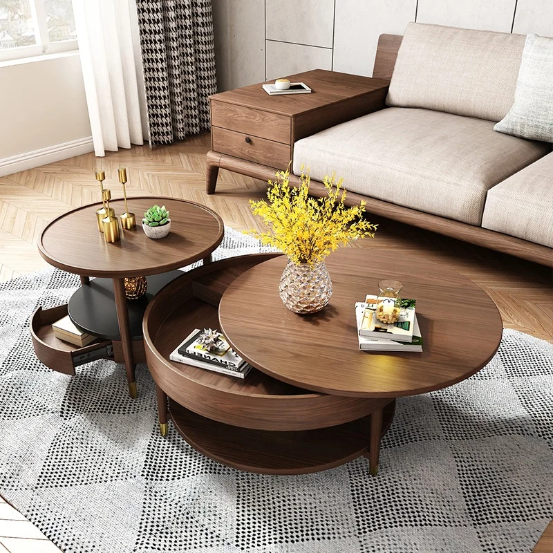 Asian Style Furniture Sectional Two Storage Modern Living Room Tea Round Wooden Coffee Table