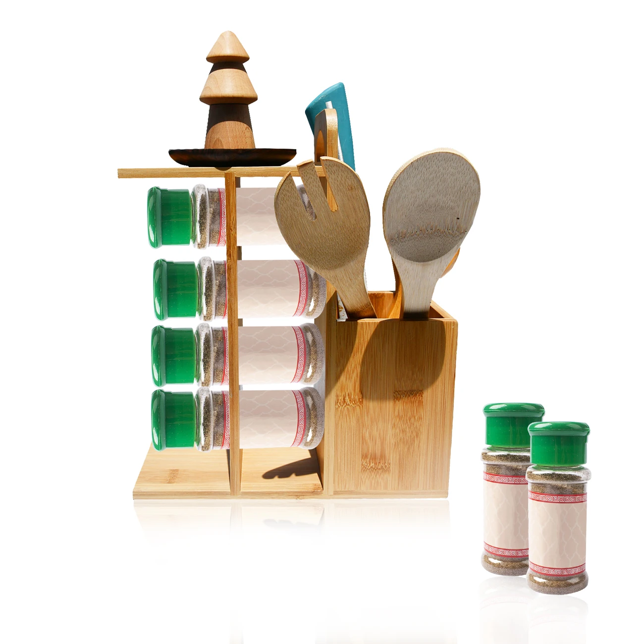 3 Tier Pull Out Revolving Magnetic Bamboo Spice Jar Bottle Organizer Rack With Utensil Holder Space Saving