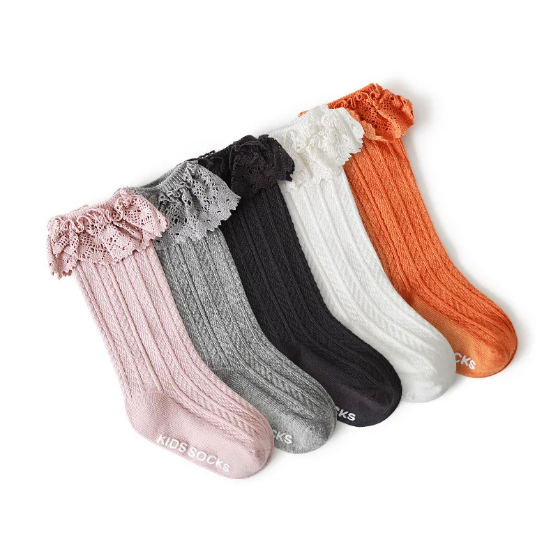 
Boy Cotton Long Organic Wholesale Cute Girl Knee Mesh Lace Ruffle High Non Rattle Knitted Bulk Baby Anti Slip Socks 