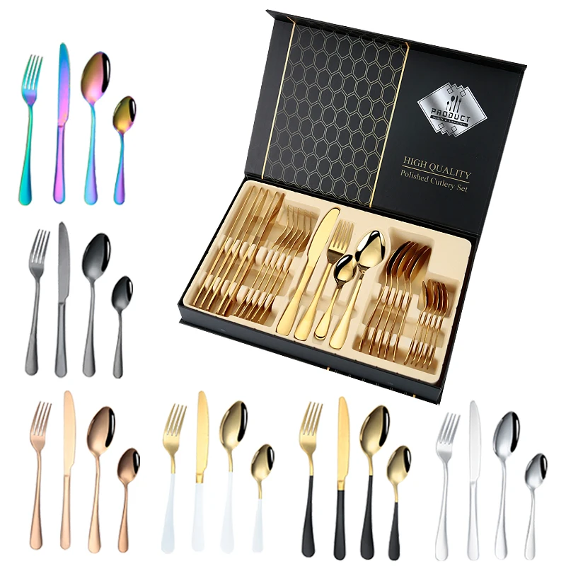 
cutlery set 24pcs stainless steel PVD 24pc flatware sets, Black Gold Silver Cutlery Set 24 pieces 
