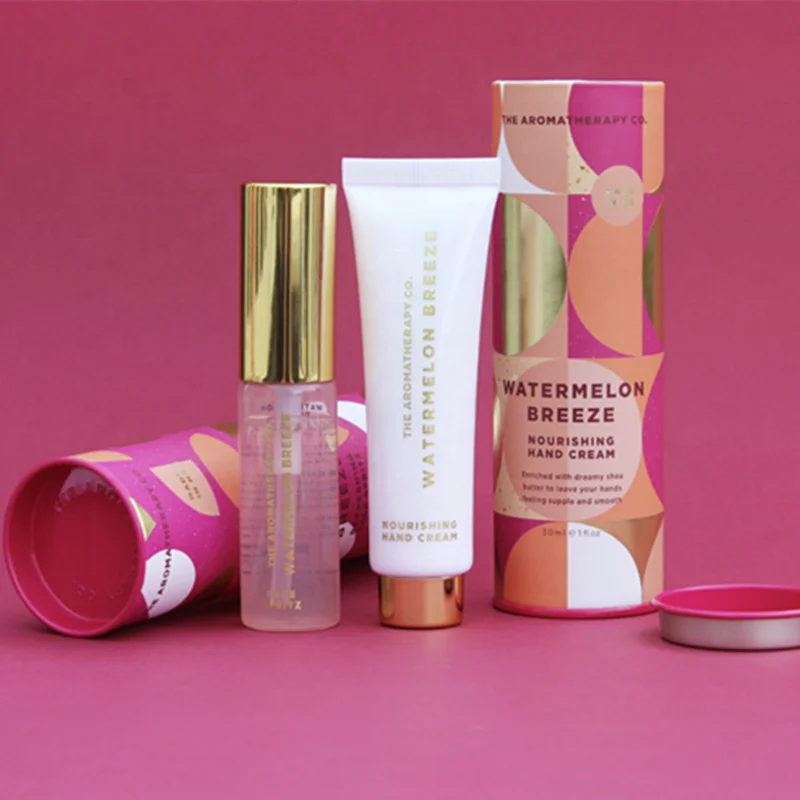 wholesale manufacturer cosmetic nozzle bottle tin can paper tube embossed metal lid round shape paper box