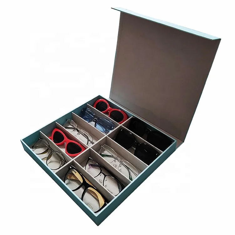 Wholesale Customized 10 slot leather Gray Eyewear Rack Countertop Case Sunglasses Tray Display Case